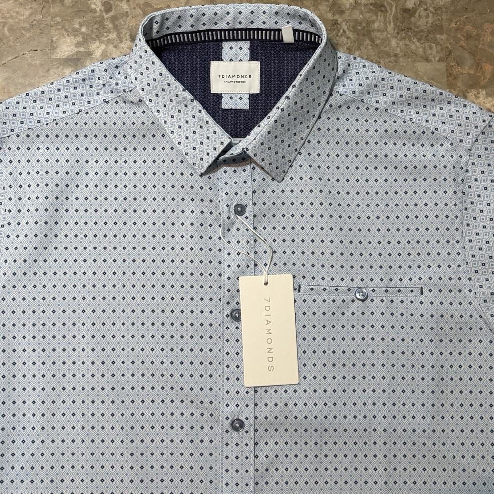 7 Diamonds Shirt Mens XL Blue 4 Way Stretch Short Sleeve Geometric Woven NEW